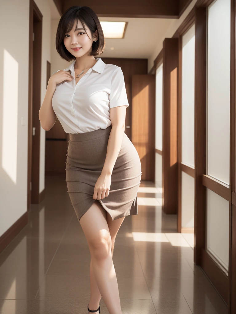 ((masterpiece))、((Top quality))、photo、Reality、High level of image quality、Ultra Detailed、Exquisite facial features、short hair、Realistic backgrounds and accessories、Large and soft chest、40s、A secretary、Full body、Sexy smile、Walk down the office hallway、Light coming through the window、Against the wall、Tight short sleeve knit、tight skirt、Thighs Thighs Thighs Thighs、High heel、、