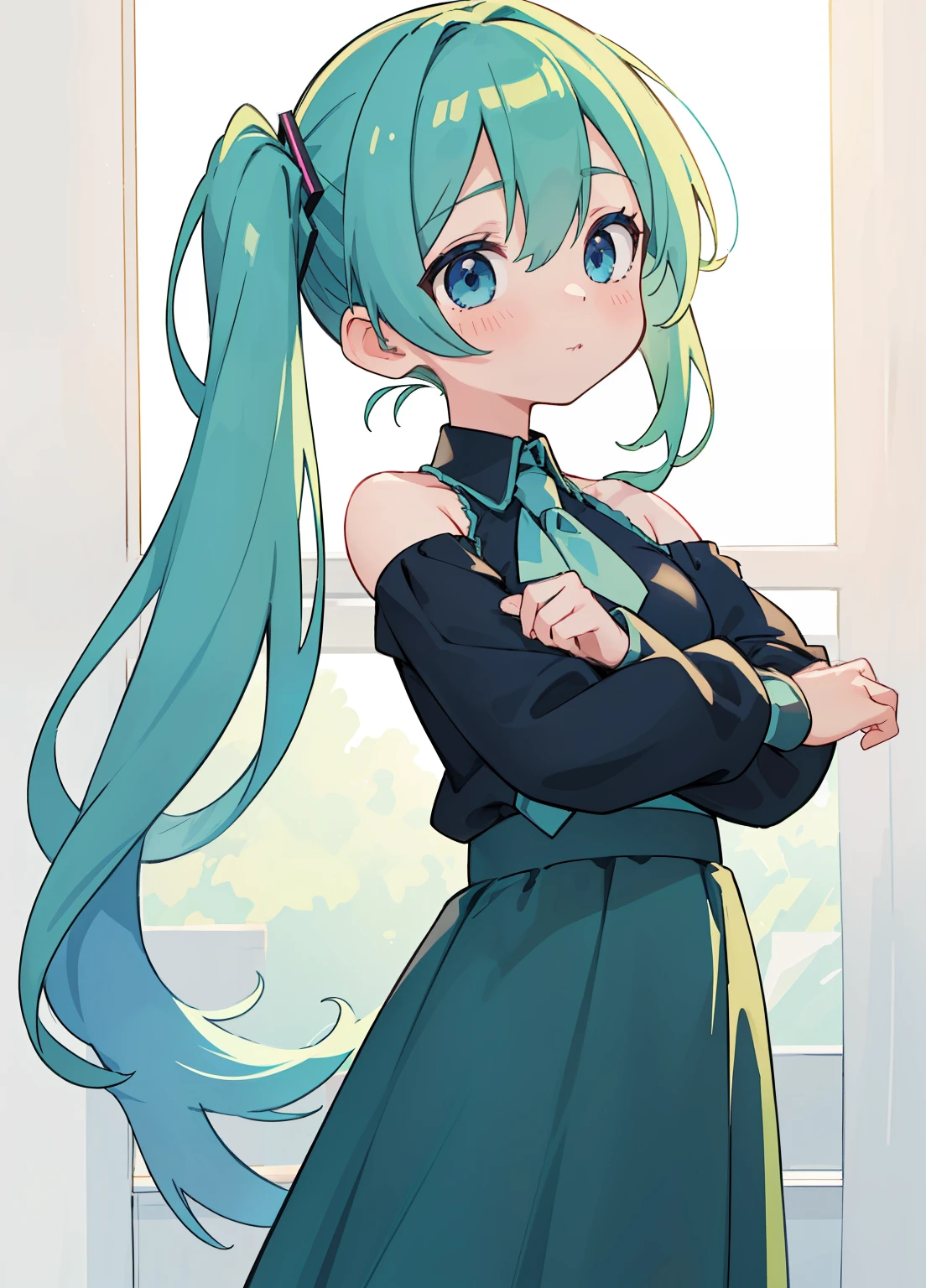 (masterpiece、Highest quality、Highest quality、Official Art、Beautiful and beautiful:1.2)、(One girl:1.3)Hatsune Miku、Twin tails,Beautiful breasts,(masterpiece),(Highest quality:1.2),One Girl,(Masseter muscle area:1.3),Exquisite detail, Highest qualityの8K解像度, Super detailed, Realistic, Vibrant colors, Soft tones, Warm and gentle lighting,(Black Off-Shoulder Knit:1.3),(Green long skirt,) (短いTwin tailsのブロンドの髪:1.3),(Hair parted in the middle:1.3),(Shiny Hair),(Dark blue eyes:1.3),White skin, Barrette,Ever since I was a , I have always looked at distant scenery., and I can still see the color,Displayed on a plain white wall.I'I'll take you away with the cool breeze.very sweet honey.Let's grab this never-ending dream with both hands and start rolling away., Always for the sunrise, I want to melt into your sweetness, Cute smile.運命がIを捕らえる,It's hazy, But it looks casual,That place is calling