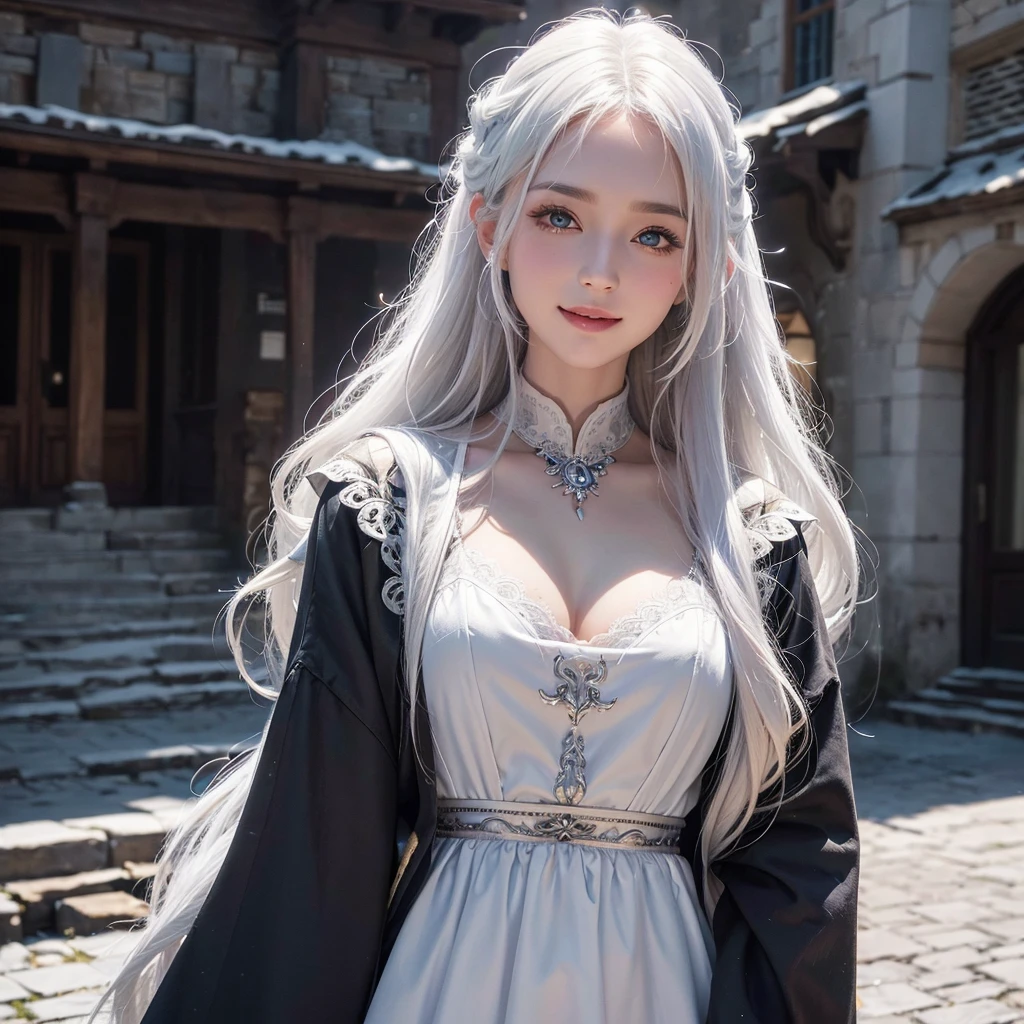 Dark atmosphere,Old European town in the background、White Wolf、 ((Highest quality、masterpiece、8K、Best image quality、Ultra-high resolution、Award-winning works)、(Accurate anatomy:1.1)、(Look at me and smile:1.1)、Shining fair skin with Ultra-high resolution、The most detailed face、Ultra-high resolution detailed face、Short, flowing white hair 、Beautiful face drawn in every detail、Georgian traditional men&#39;s costume, Small breasts, A real wolf next to a girl 