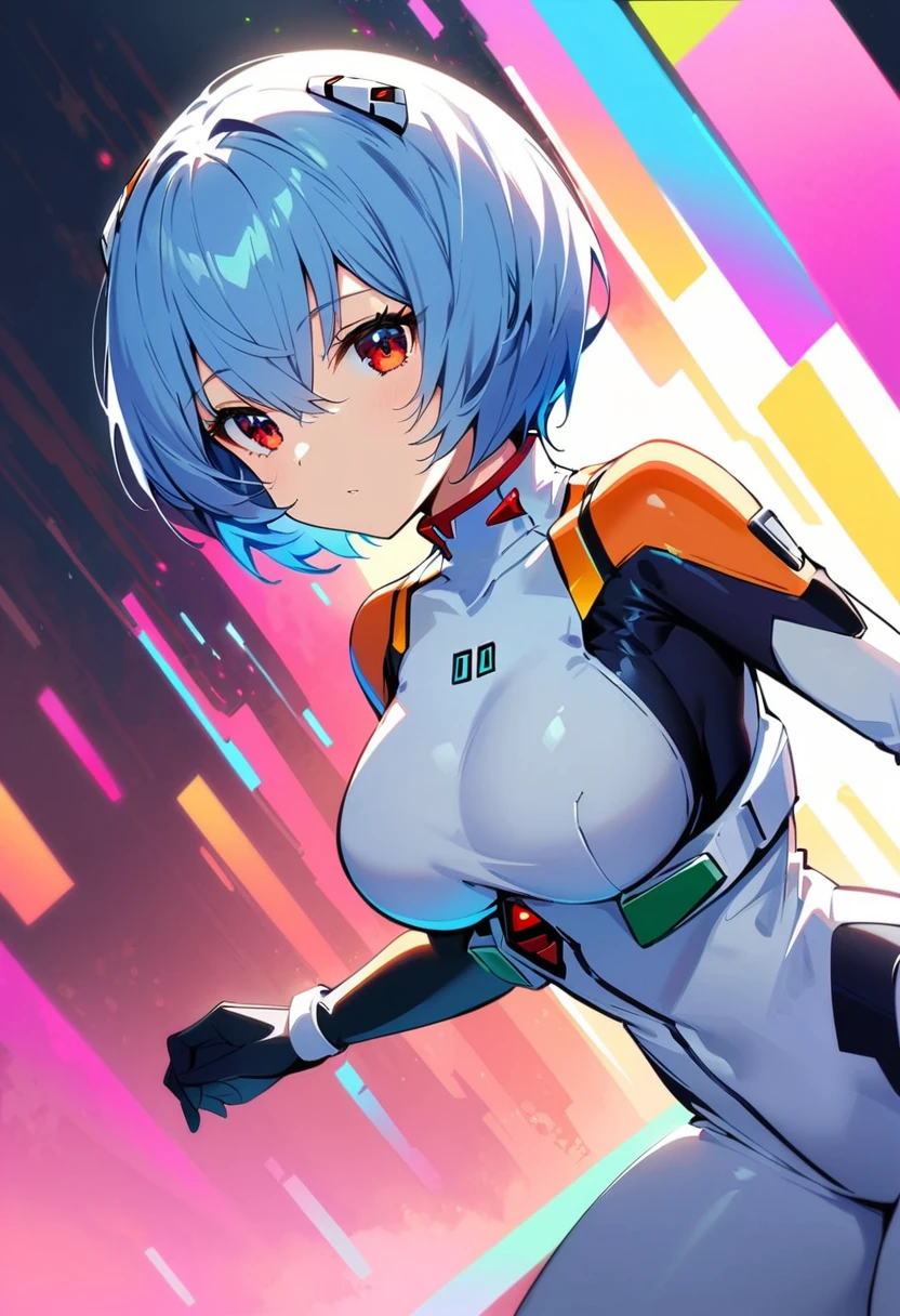 (best quality:1.2),1 Girl,Solitary,Ayanami Rei,White tights,Red Eyes,Pilot suit,short hair,Blue Hair,Bangs,Interface Headphones,turtleneck sweater,Hair between the eyes,Pixelated background,Neon,Sci-fi color scheme,Bright colors,metallic feel,Detailed shadows,Holographic interface,Dark atmosphere,High contrast,Clear focus,A strand of hair,Reflective surface,Fine details,high resolution,Studio Lighting,Red embellishment,Illuminate your surroundings,Extra large breasts，Turn sideways and look to the left，
