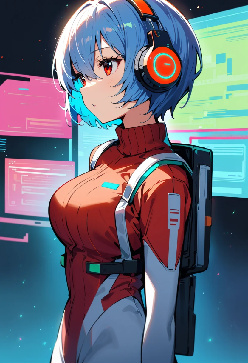 (best quality:1.2),1 Girl,Solitary,Ayanami Rei,White tights,Red Eyes,Pilot suit,short hair,Blue Hair,Bangs,Interface Headphones,turtleneck sweater,Hair between the eyes,Pixelated background,Neon,Sci-fi color scheme,Bright colors,metallic feel,Detailed shadows,Holographic interface,Dark atmosphere,High contrast,Clear focus,A strand of hair,Reflective surface,Fine details,high resolution,Studio Lighting,Red embellishment,Illuminate your surroundings,Extra large breasts,Turn sideways and look to the left,