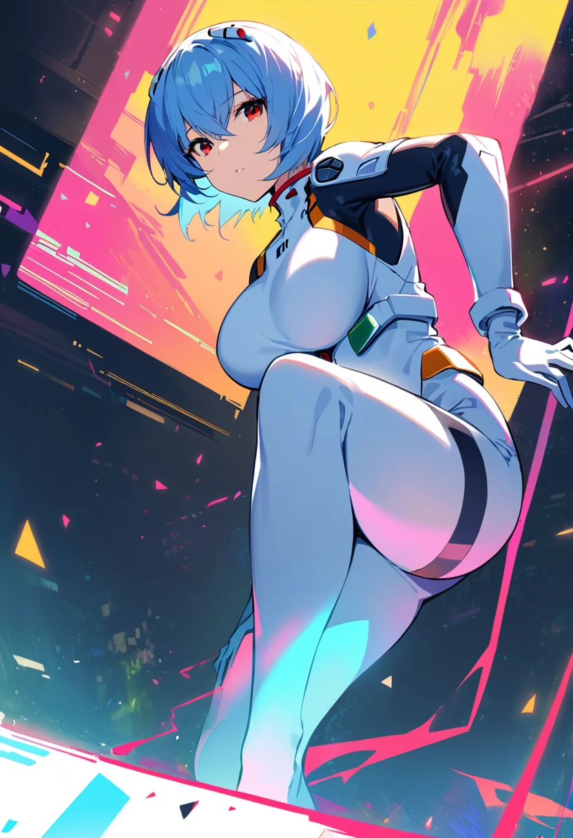 (best quality:1.2),1 Girl,Solitary,Ayanami Rei,White tights,Red Eyes,Pilot suit,short hair,Blue Hair,Bangs,Interface Headphones,turtleneck sweater,Hair between the eyes,Pixelated background,Neon,Sci-fi color scheme,Bright colors,metallic feel,Detailed shadows,Holographic interface,Dark atmosphere,High contrast,Clear focus,A strand of hair,Reflective surface,Fine details,high resolution,Studio Lighting,Red embellishment,Illuminate your surroundings,Extra large breasts,Turn sideways and look to the left,