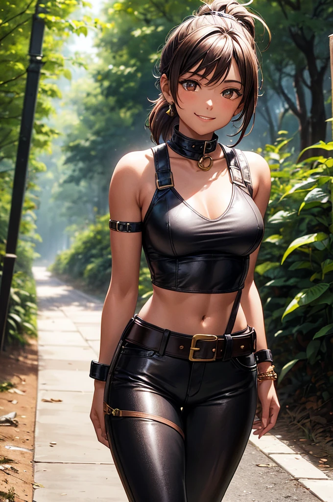 Young girl, tanned skin, short brown ponytail, golden eyes, very small breasts!!!, smiling, leather harness, white sleeveless t-shirt!!!, black fabric pants, leather belt, sword sheathed on right hip, walking on a path land, forest, evening