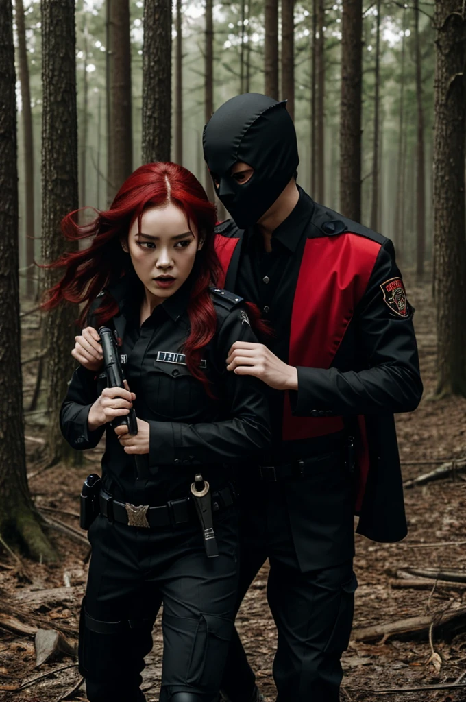 black hair, male wear black,male wear ghost mask , ,red hair girl ,wear uniform police , they are fighting in the forest