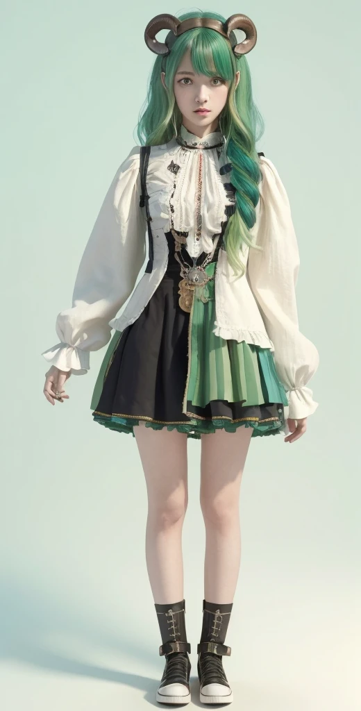 ((live 3D)) masterpiece, 1girl, full body, stands straight, steampunk clothes, military clothing, looking at viewer, detailed face, girl with green wavy hair, bangs, metal sheep horns, gradient hair, multicolored hair, light green hair, turquoise hair tips, wavy hair, gradient eyes, orange eyes, (simple background, white background: 1.3)