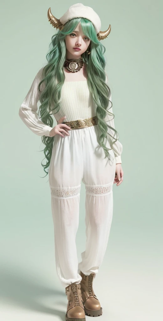 ((live 3D)) masterpiece, 1girl, full body, stands straight, steampunk clothes, military clothing, looking at viewer, detailed face, girl with green wavy hair, bangs, metal sheep horns, gradient hair, multicolored hair, light green hair, turquoise hair tips, wavy hair, gradient eyes, orange eyes, (simple background, white background: 1.3)