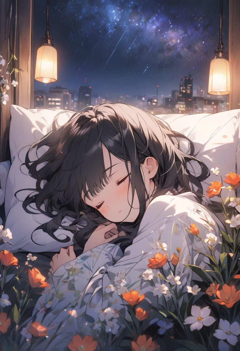 , Flowers, Sleep, Long black hair, night, Starry Sky