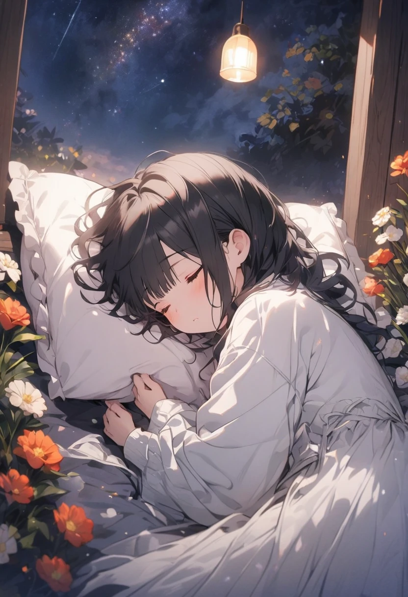 , Flowers, Sleep, Long black hair, night, Starry Sky