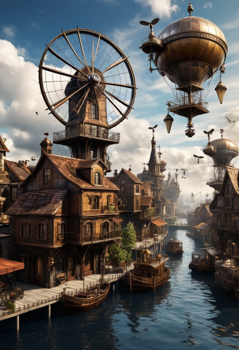 (Highest quality,4K,8K,High resolution,masterpiece:1.2),Super detailed,(Realistic,photoRealistic,photo-Realistic:1.37),floating, Intricate Steampunk city floating on a cloud,Steampunk-style windmills and propellers galore,Da Vinci-style wings, Dramatic skies and dramatic lighting,Artistic Perspective