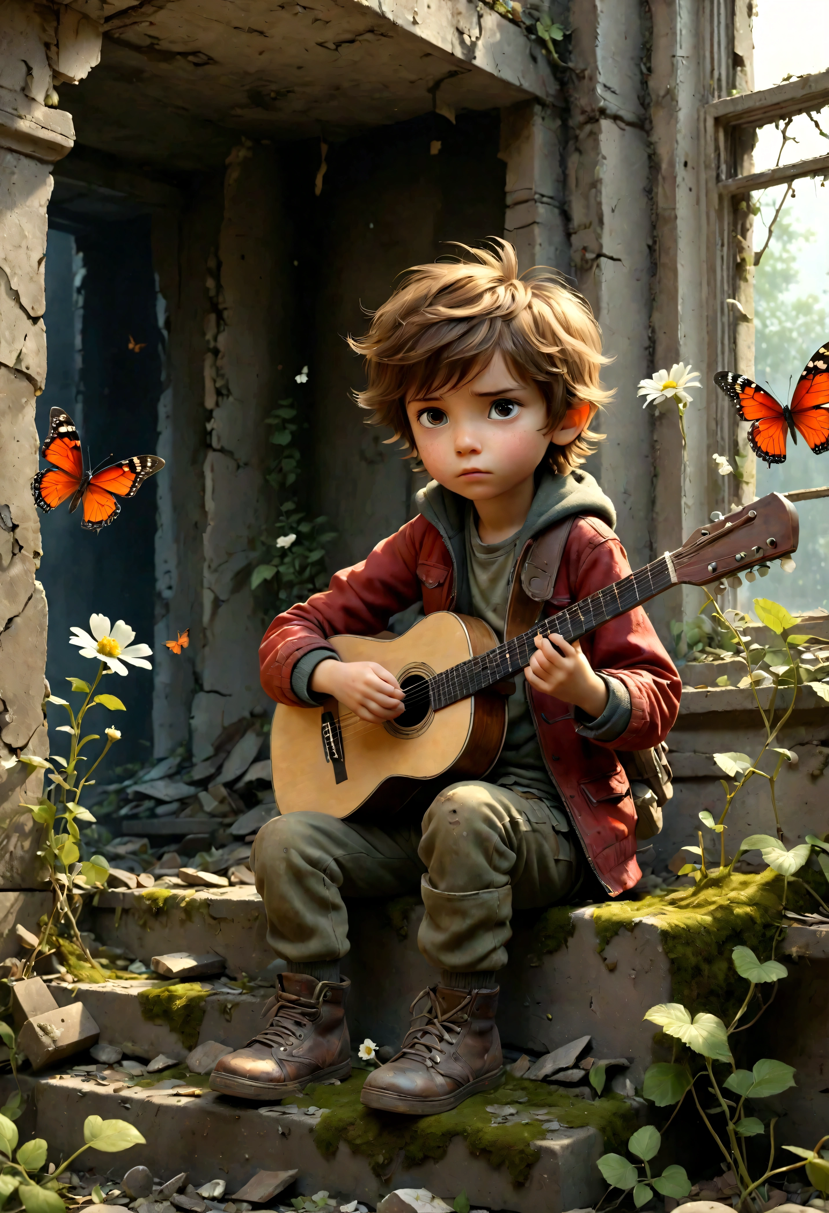 Gunfire outside the window，Fighter plane in the sky，Little boy playing guitar in ruins, Brown hair，depressed, Eyes gaze，Dirty face，desolate, moss covered, Dilapidated, dirty, (best quality,4k,8K,High resolution,masterpiece:1.2),Extremely detailed,(Practical,photoPractical,photo-Practical:1.37),Dark Fantasy,severe,Mood lighting,Dramatic shadows,Movie,moody color palette,Soft Tones,Rubbish,rot,weathered，tattered，Small white flowers，Dungeons，cemetery，Black and Red，There is a broken bowl in front.，Footprinting，stairs，vine，rainwater，Swarms of glowing butterflies，A group of transparent wandering souls， Ghost