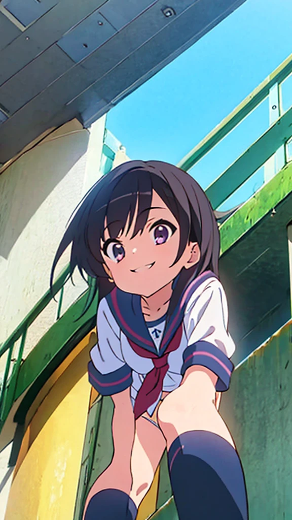 school stairs　primary school girl, 8 years　flat chest, long black hair with purple tone, purple eyes　SMILE　White upper body, Navy short-sleeved sailor uniform.　Navy blue miniskirt and white panties. （（I can see her panties）） white socks　sport boots　school stairs　Standing Dynamic angle Low angle