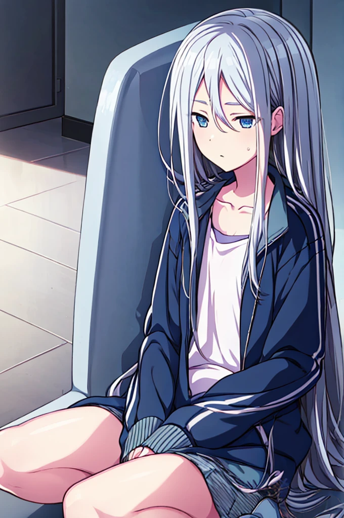 Yozaki Kanade（Project Sekai）,Long Hair,White Hair,blue eyes,Disheveled hair,Sleepy face,Viewer&#39;s perspective,Blue jersey,Black camisole,Small breasts,The morning sun is shining, Highest quality, High resolution, unity 8k wallpaper, (figure:0.8), (Beautiful attention to detail:1.6), Highly detailed face, Perfect lighting, Highly detailed CG, (Perfect hands, Perfect Anatomy),             
