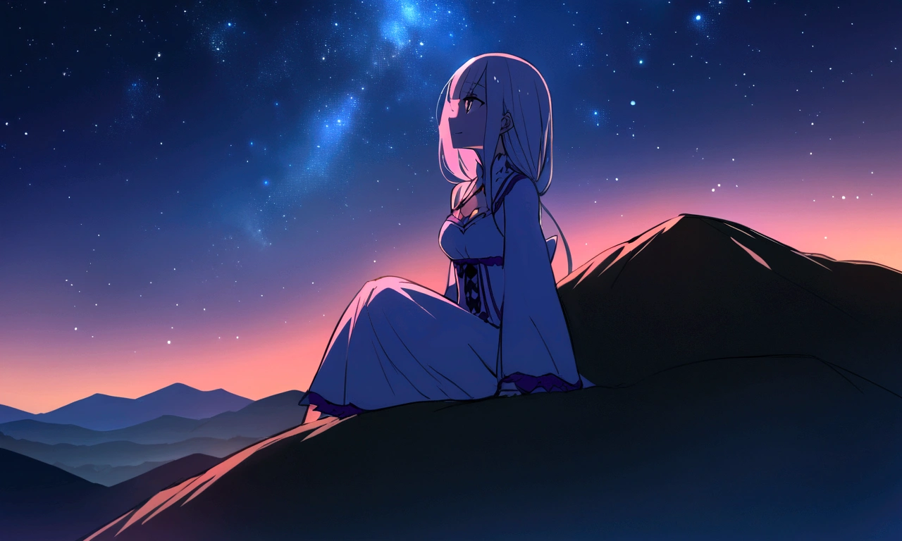 Chill, Landscape, Stars, on the mountain. Girl who's look like Emilia from Re:zero Anime, looking at the sky while she's sitting. Night, Shining.