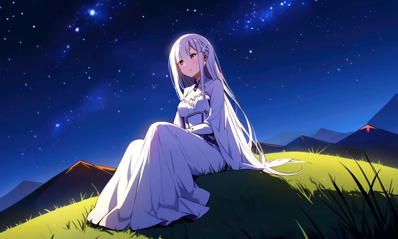 Chill, Landscape, Stars, on the mountain. Girl who's look like Emilia from Re:zero Anime, looking at the sky while she's sitting. Night, Shining.
