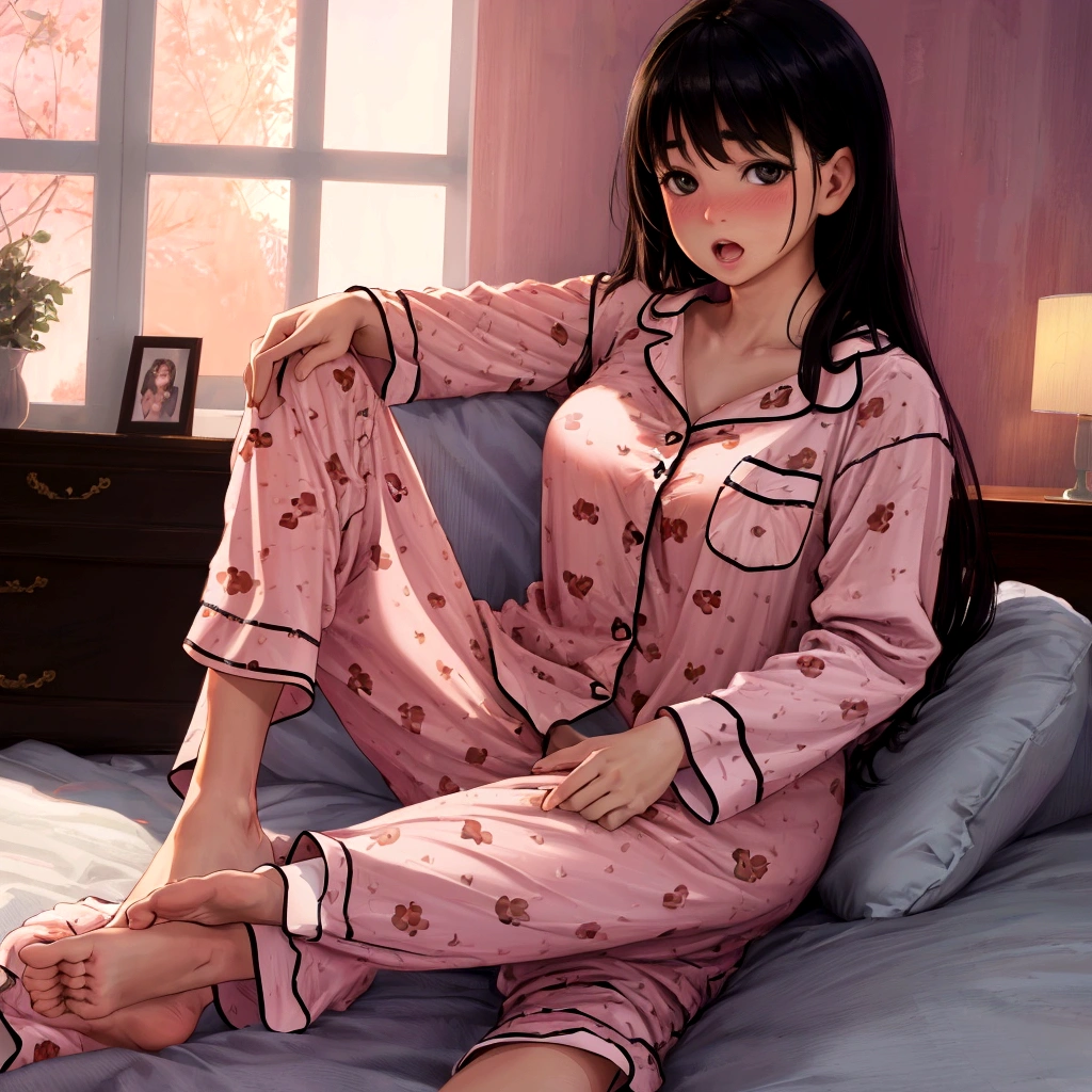 best quality, masterpiece, ultra high res, 8K, raw, (photo realistic:1.4), physically-based rendering, depth of field, looking at viewers, slender, (sitting:1.1), in the bed room, detailed beautiful face, 1 girl, cute, young, nose blush, big black eyes, open mouth, tiny breasts, black hair, detailed clothes, (pajamas:1.3), no shoes ,pureerosface_v1,