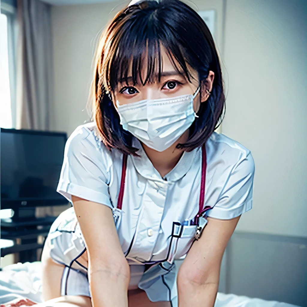 A woman is sitting on a bed wearing a mask, Thigh close-up, Yoshitomo Nara, Smooth white tight clothing suit, Japanese Model, Wearing a white coat and blouse, beast, (doctor), Korean Girls, Lower body close-up, Beautiful face with arms and legs, doctor, Touch her clothes