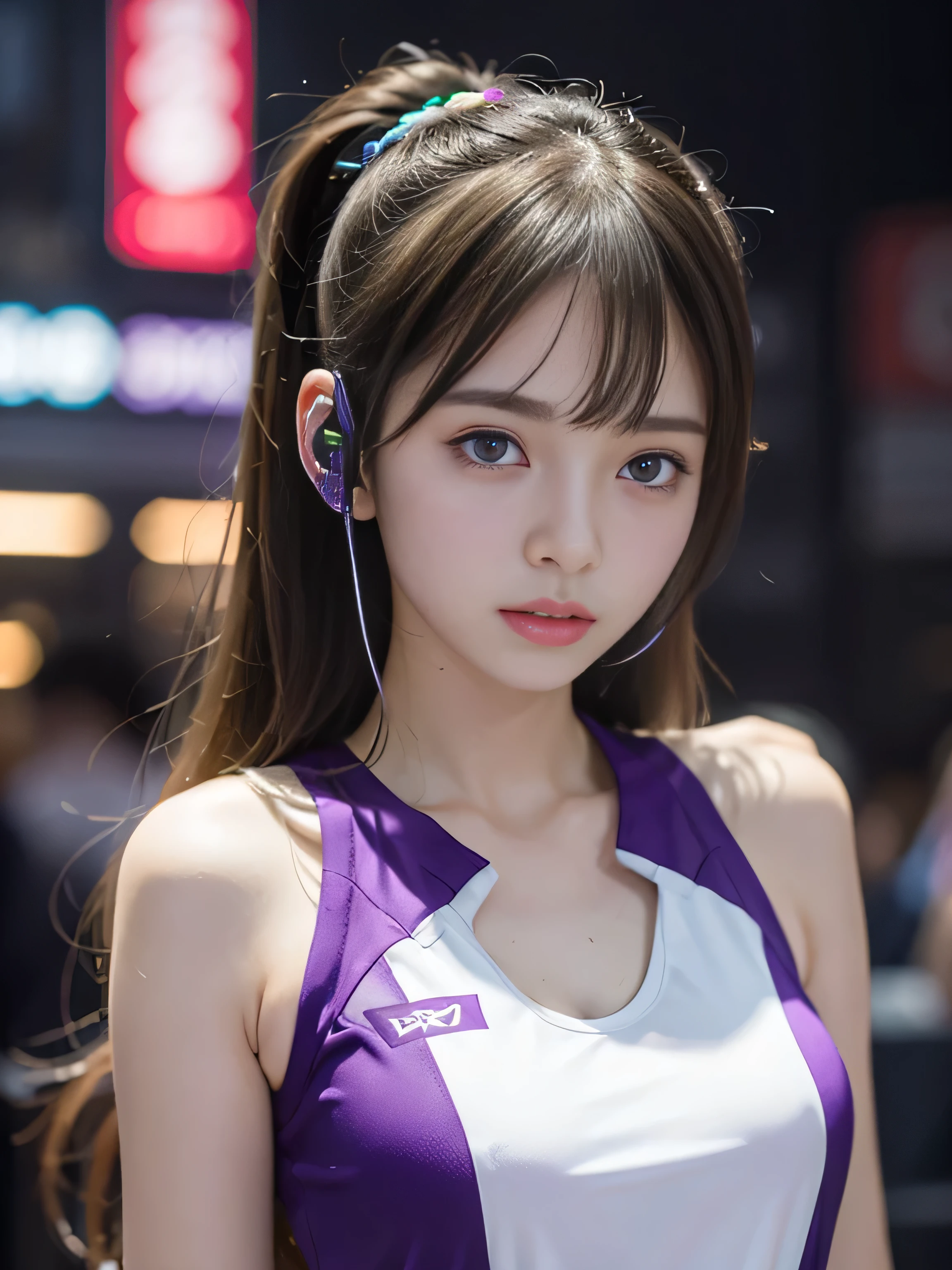 (Raw quality), Highest quality、masterpiece、Ultra-high resolution、(Photorealistic:1.4)、Raw photo、1 Girl、************, Glowing Skin、headset、((Ultra-Realistic Details))、Portrait、Global Illumination、Shadow area、Octane Rendering、8k、Ultra Sharp、((Delicate body type))、Hair ornament of the future、(Light red oversized basketball team uniform:1.3)、Cleavage、(sideboob:1.4), ((Medium bust:1.4))、(Sunburned skin:1.4)、Very intricate detail、Realistic Light、Metallic Shine、CGSoation Trends、(Purple eyes:1.4)、(Shining Eyes)、Facing the camera、Neon Details、Sitting、Cyberpunk background、Small LED lamp、(Purple and green lighting from behind)、