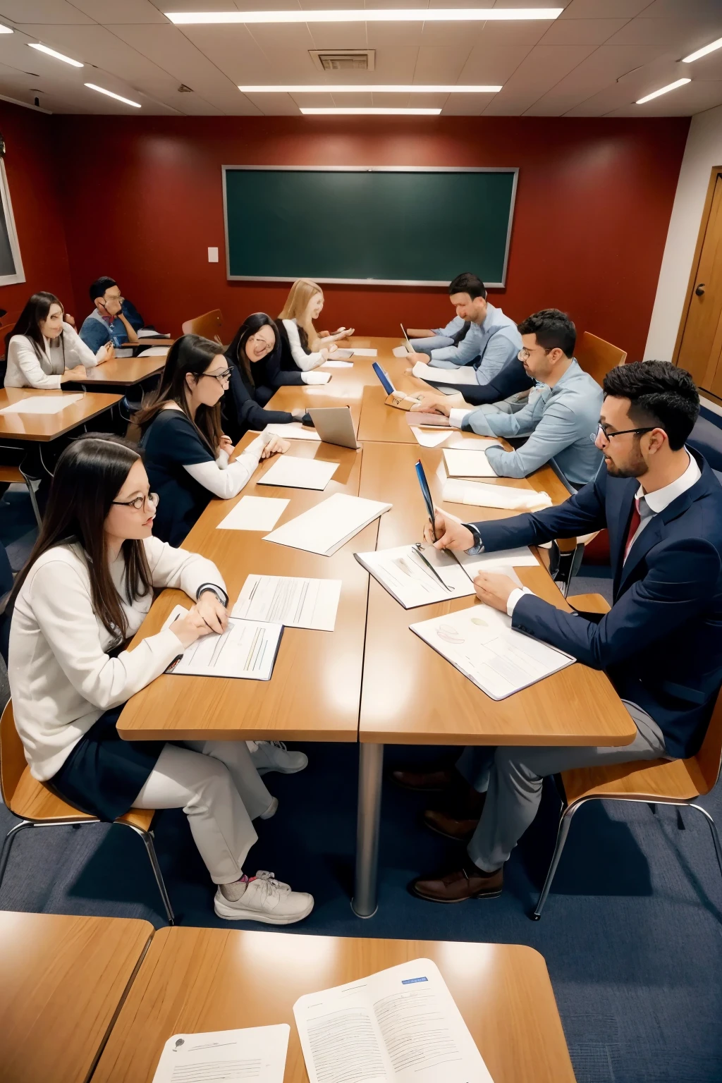 ((best qualityer)), ((work of art)), Create an image with several people studying and researching, in cartoon style. These people have to be happy and talking together at the table, in a classroom