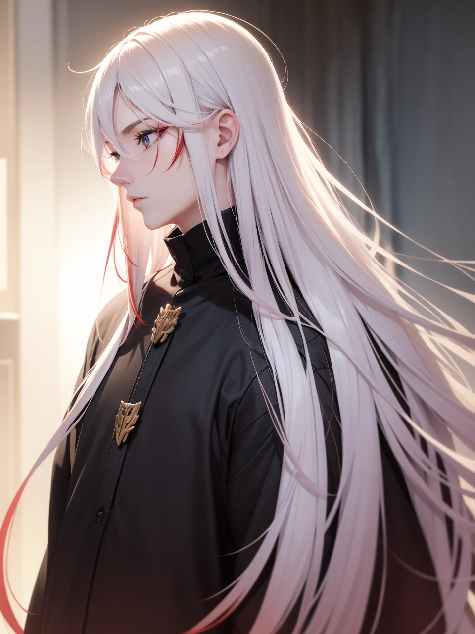 A man with long white hair with red tips