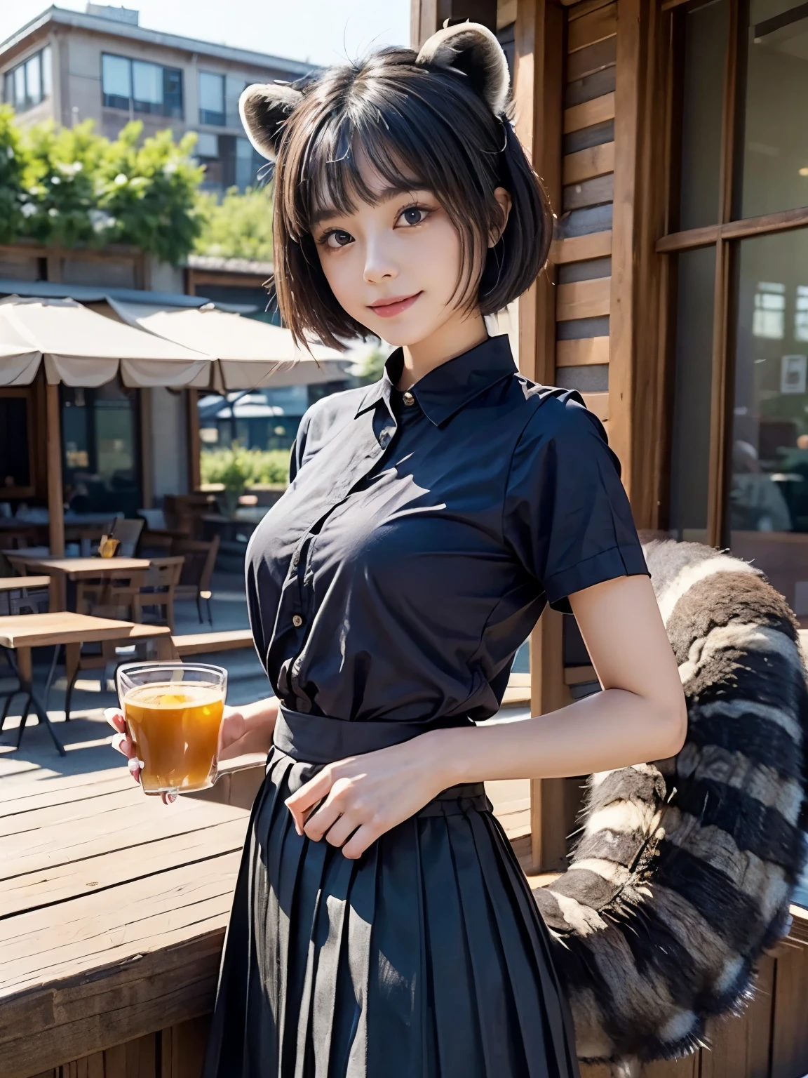 ((Highest quality, 32k)), ((masterpiece)), (Familiar), Perfect Face,  pretty girl, She is standing in the grandstand on the terrace of a downtown cafe., She is relaxing and drinking tea, She has a bushy tail on her butt, She has a fluffy tail, Beautiful hip line, Small breasts, She is wearing a neat blouse and pleated skirt., A bushy tail is visible from under her skirt,, Slender body,  Her tail sticks out from under her skirt, (A single raccoon tail protrudes from the inside of her skirt.:1.4), The base of her tail is hidden under her skirt., She holds her tail up in her hand