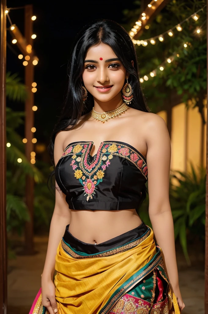 "Shivangi is a beautiful anime
girl with black hair and black eyes. Her hair is open, cascading down her shoulders. She is wearing a traditional Gujarati Garba dress, which is vibrant and colorful with intricate embroidery. She stands in a festive setting, smiling and posing gracefully."