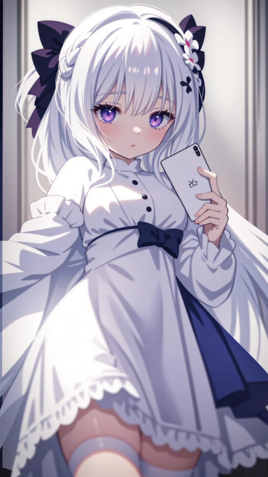a close up of a person holding a cell phone with a picture of a girl, ahegao, white haired deity, my dress up darling anime, anime goddess, angelic purity, , ahegao face, cute anime waifu in a nice dress, soft anime illustration, in dress, shadowverse style, anime barbie in white stockings