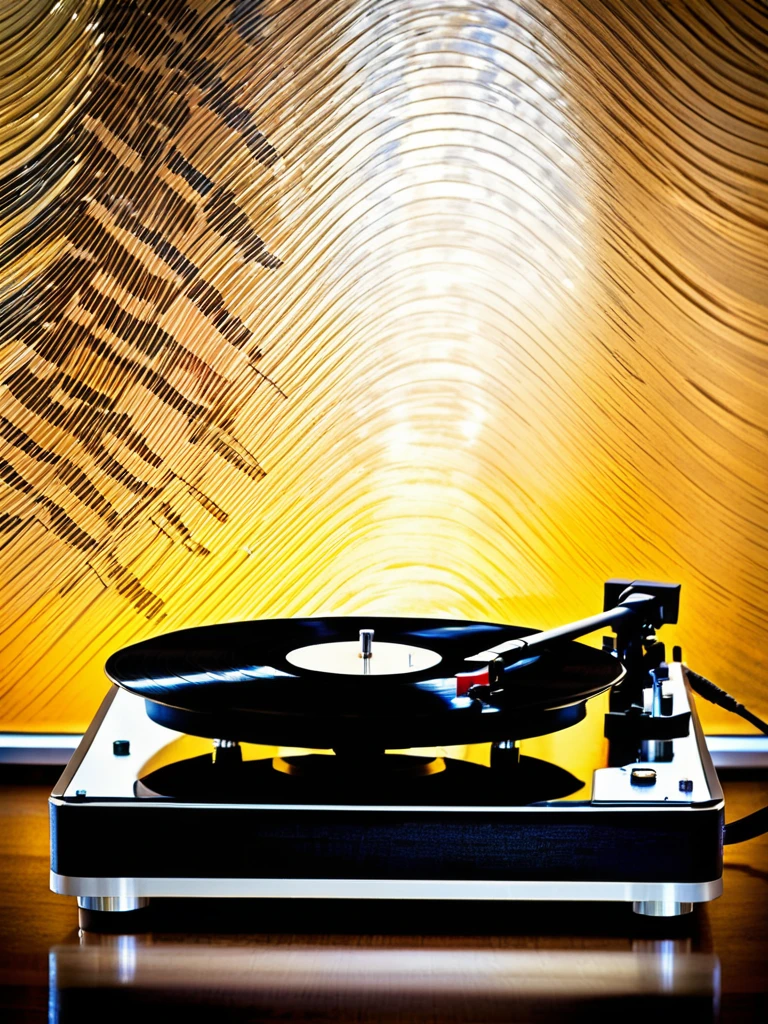 A classic vinyl record player, with ral-trichom effect on the vinyl grooves, set against a backdrop of a vintage music studio .