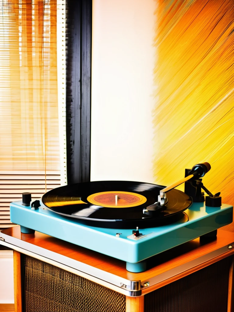 A classic vinyl record player, with ral-trichom effect on the vinyl grooves, set against a backdrop of a vintage music studio .