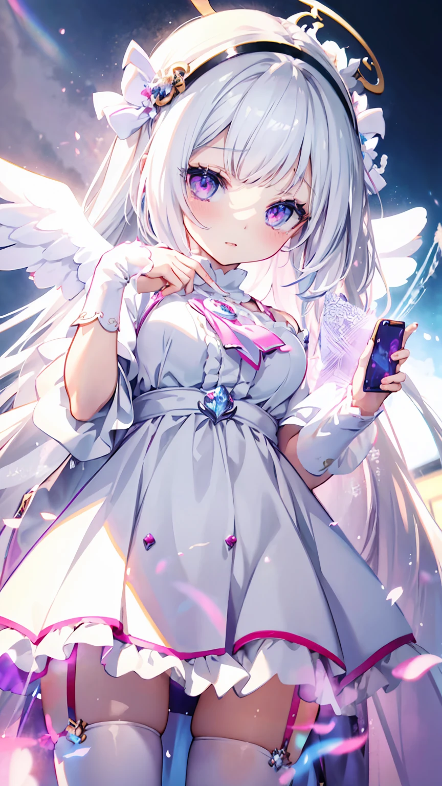 a close up of a person holding a cell phone with a picture of a girl, ahegao, white haired deity, my dress up darling anime, anime goddess, angelic purity, , ahegao face, cute anime waifu in a nice dress, soft anime illustration, in dress, shadowverse style, anime barbie in white stockings