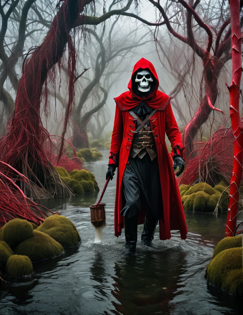 A satire and surreal picture of the red riding Eddie the undead at an eerie gnarly otherworldly willow jungle