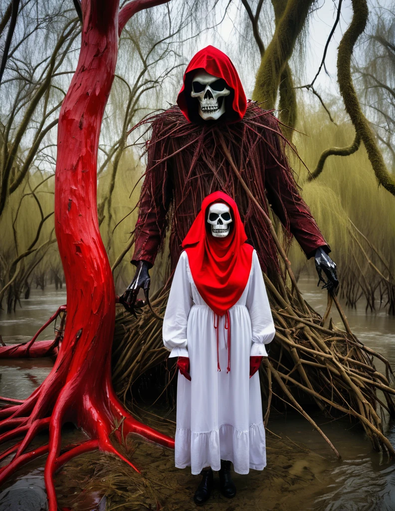 A satire and surreal picture of the red riding Eddie the undead at an eerie gnarly otherworldly willow jungle