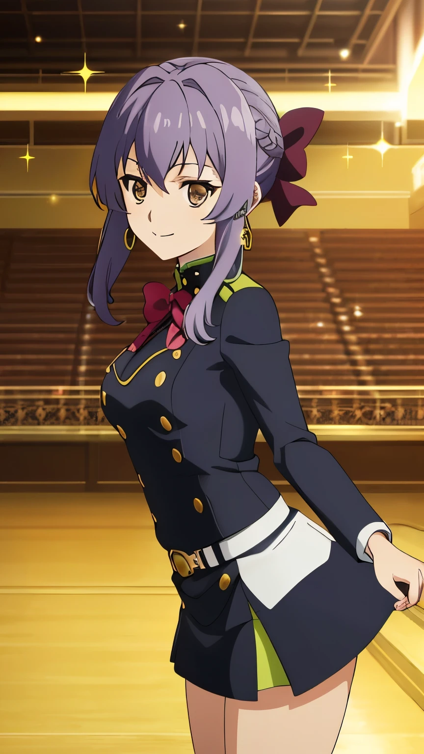 (masterpiece, best quality, high resolution, 8k),anime art style, Shinoa, 1 girl, dark brown eyes, medium breasts, smile, hair ribbon, (sparkly western outfit, earrings, venue), alone, standing,dynamic Angle cowboy shot,