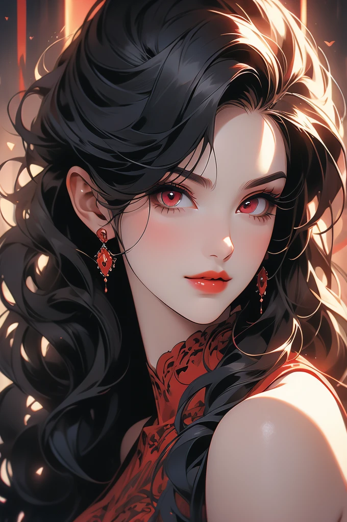 portrait, succubus, red eyes, long black hair, smirk, sinuous, red lips