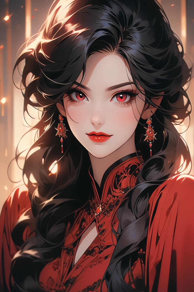 portrait, succubus, red eyes, long black hair, smirk, sinuous, red lips
