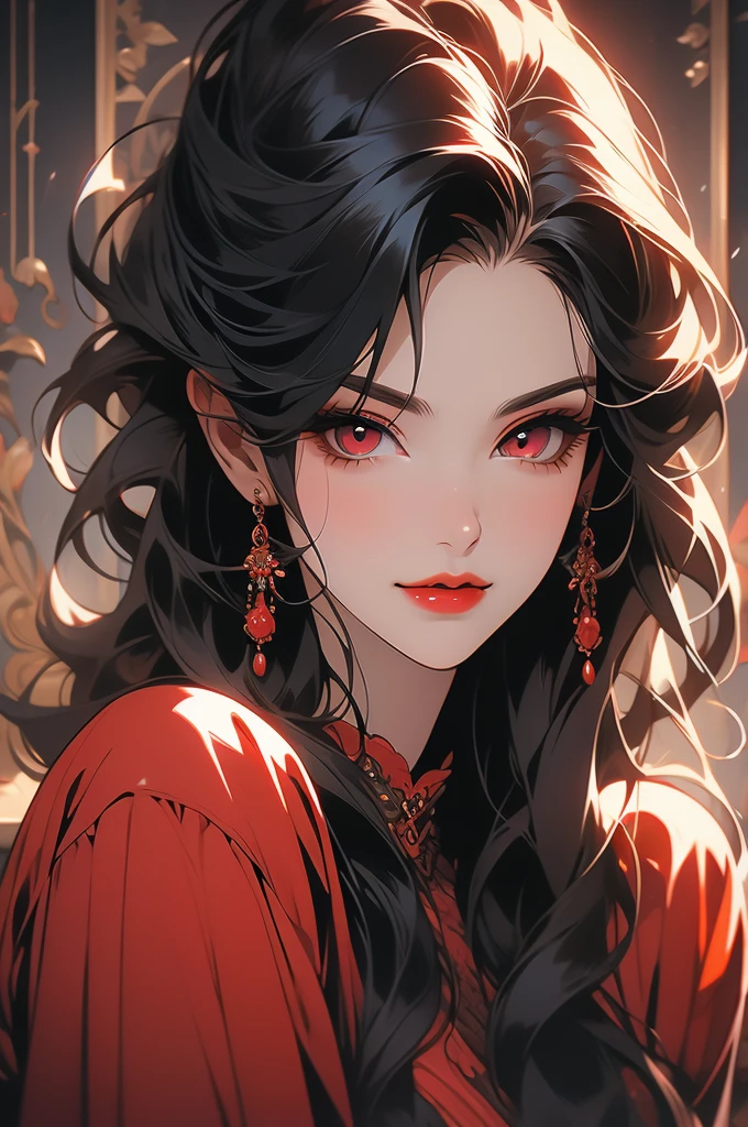 portrait, succubus, red eyes, long black hair, smirk, sinuous, red lips