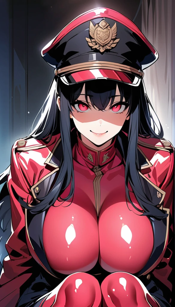(highest quality:1.2, anime artwork, Very detailed, High Detail, digital coloring, High Contrast, masterpiece:1.2, highest quality, Best aesthetics), 8k,masterpiece, cute,tall,beautiful,best quality, 1lady,black hair,long hair,empty eyes, (finely detailed empty pupils and detailed face),,,,extremely detailed cg unity 8k wallpaper,solo,(latex military costume:0.9),large breasts,seductive smile,military hat,latex thighhigh,large breasts,black hair,pink eyes,pink leotard,pantyhose,military coat,enamel suits,grossy lips,sitting,bust shot,sadistic smile,,heel,shiny skin,military coat,detailed face,beautiful body,full-body,adult,