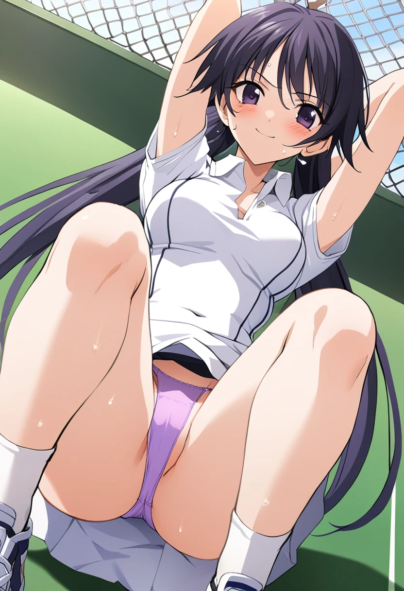 One girl,((takano)),smile、Gentle expression,slender body,ideal ratio body proportions,,arms behind back,squatting,spread legs:1.3,training、blush,,(White tennis wear、body-conscious、white tight polo shirt、white tight mini skirt、Purple string panties,panty shot,upskirt,sweat:1.3),outdoors、from below,Tennis court、A complete depiction of the human body,masterpiece, Highest quality, Game CG, ultra detailed、highres、extremely detailed CG