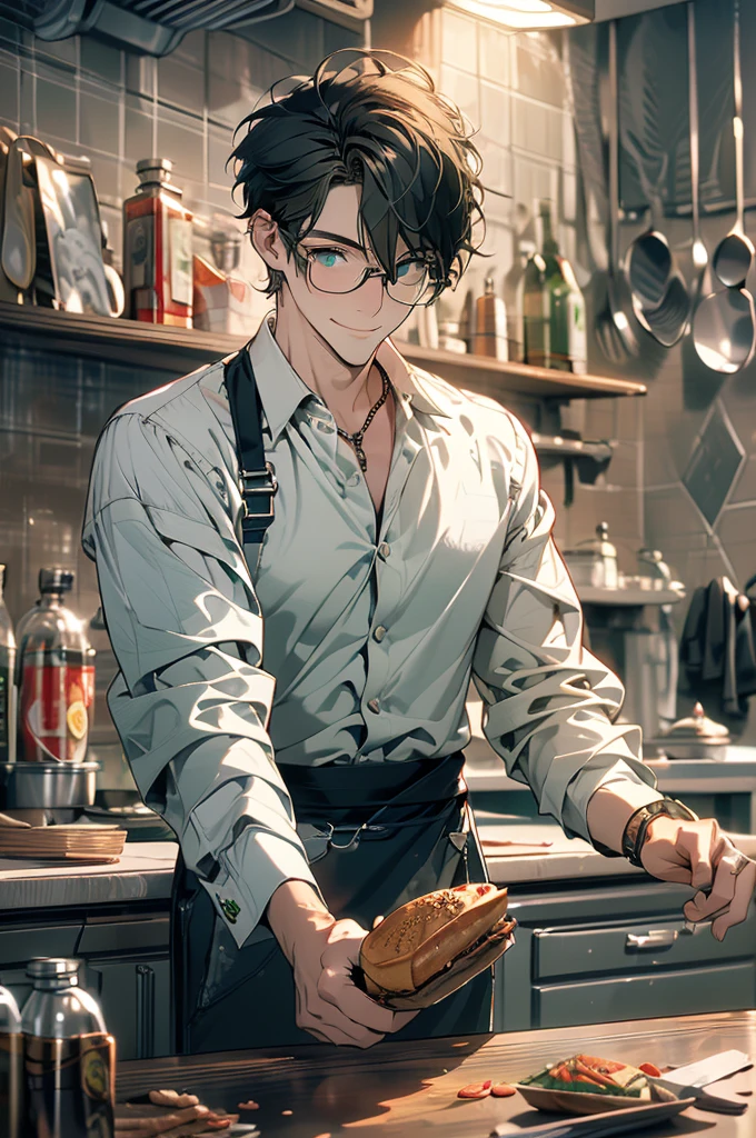 (masterpiece, highest quality, best quality, highest detailed, perfect face) 1 male, adult, muscular, broad man, long green hair, green eyes, (Clothes: glasses, black undershirt, kitchen accessories, apron) in a fast food kitchen, cooking, lots of food, lewd smile,