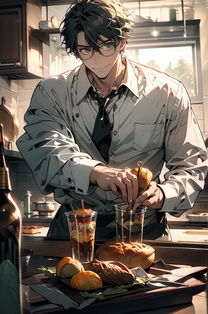 (masterpiece, highest quality, best quality, highest detailed, perfect face) 1 male, adult, muscular, broad man, long green hair, green eyes, (Clothes: glasses, black undershirt, kitchen accessories, apron) in a fast food kitchen, cooking, lots of food, lewd smile,