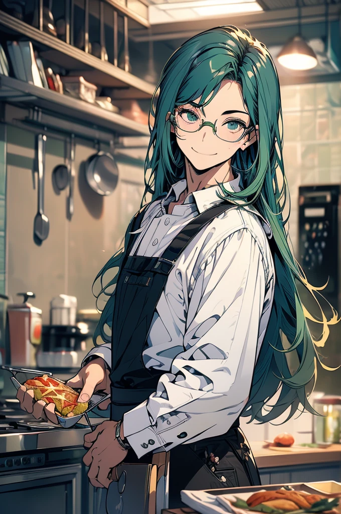 (masterpiece, highest quality, best quality, highest detailed, perfect face) 1 male, adult, muscular, broad man, long green hair, green eyes, (Clothes: glasses, black undershirt, kitchen accessories, apron) in a fast food kitchen, cooking, lots of food, lewd smile,