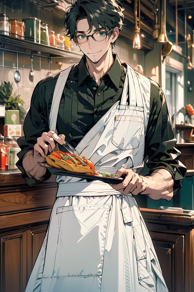 (masterpiece, highest quality, best quality, highest detailed, perfect face) 1 male, adult, muscular, broad man, long green hair, green eyes, (Clothes: glasses, black undershirt, kitchen accessories, apron) in a fast food kitchen, cooking, lots of food, lewd smile,