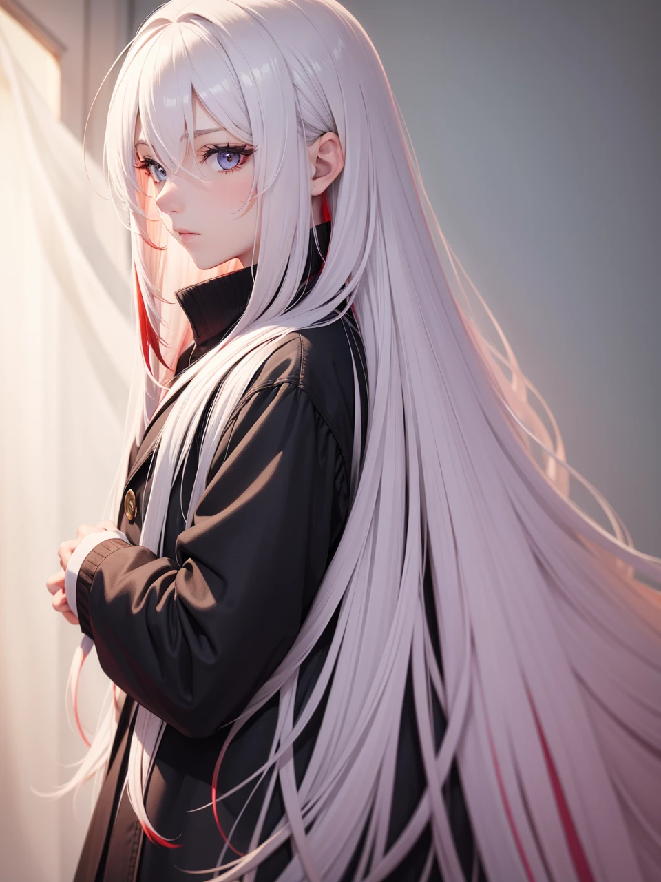 A man with long white hair with red tips