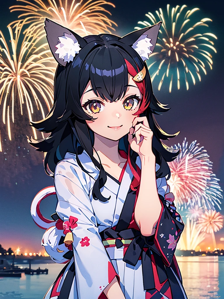 (masterpiece, Highest quality, Super detailed),One girl,((super fine illustration)),((cute eyes,highly detailed skin)),((smile)),(well endowed,Blessed,Captivating body、Detailed Background)、(yukata:1.5),firework,(大量のfirework,Night view,Ocean)、Festivals, miosha1