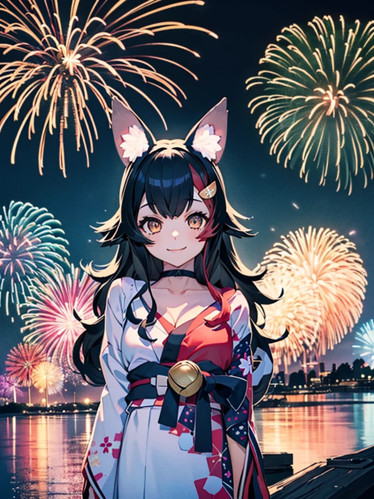 (masterpiece, Highest quality, Super detailed),One girl,((super fine illustration)),((cute eyes,highly detailed skin)),((smile)),(well endowed,Blessed,Captivating body、Detailed Background)、(yukata:1.5),firework,(大量のfirework,Night view,Ocean)、Festivals, miosha1