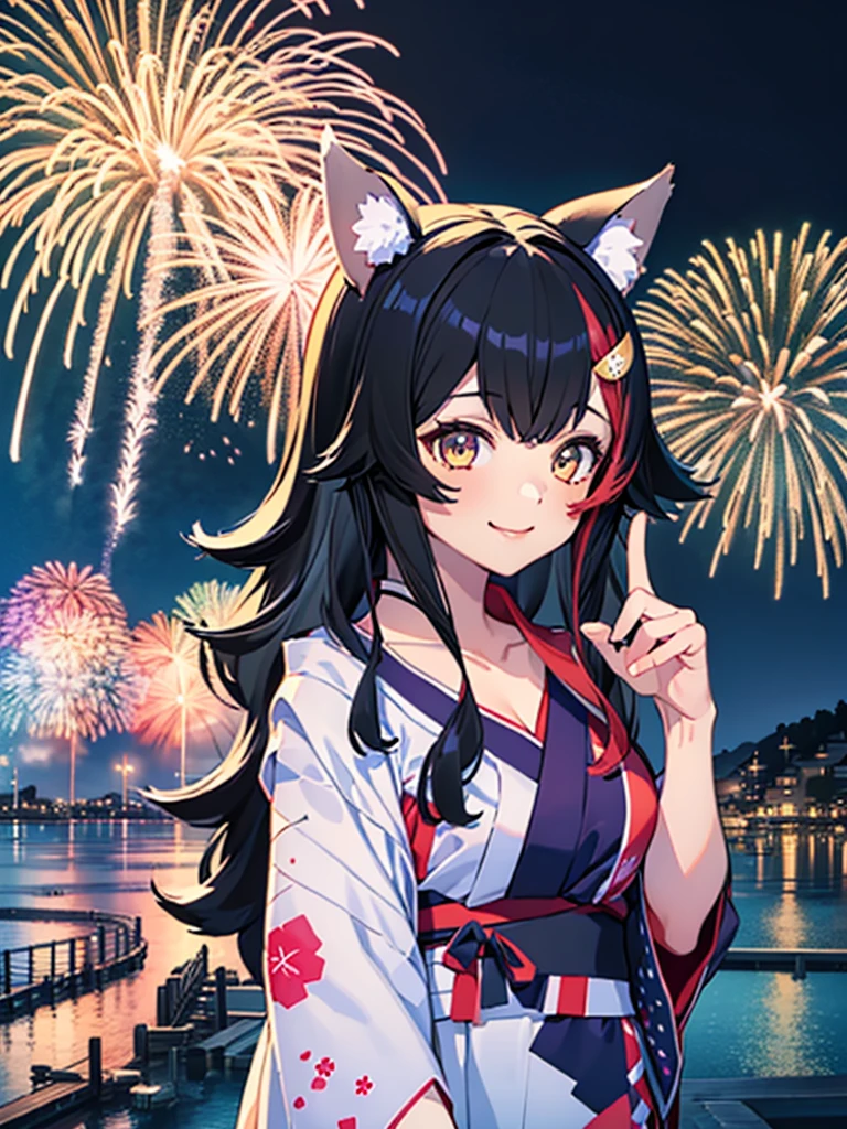 (masterpiece, Highest quality, Super detailed),One girl,((super fine illustration)),((cute eyes,highly detailed skin)),((smile)),(well endowed,Blessed,Captivating body、Detailed Background)、(yukata:1.5),firework,(大量のfirework,Night view,Ocean)、Festivals, miosha1