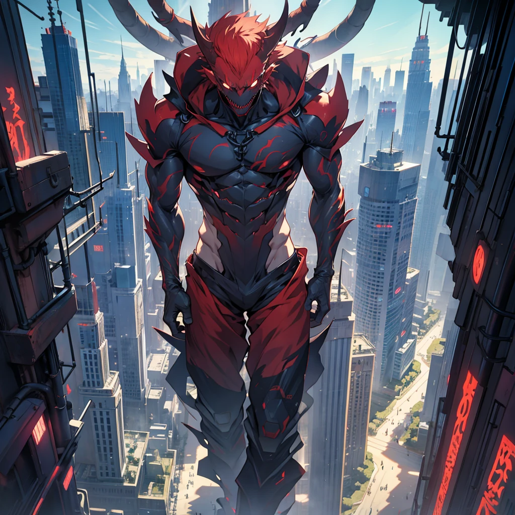 Anime, strange demons with multiple limbs, Dark surroundings, city, View from the sky