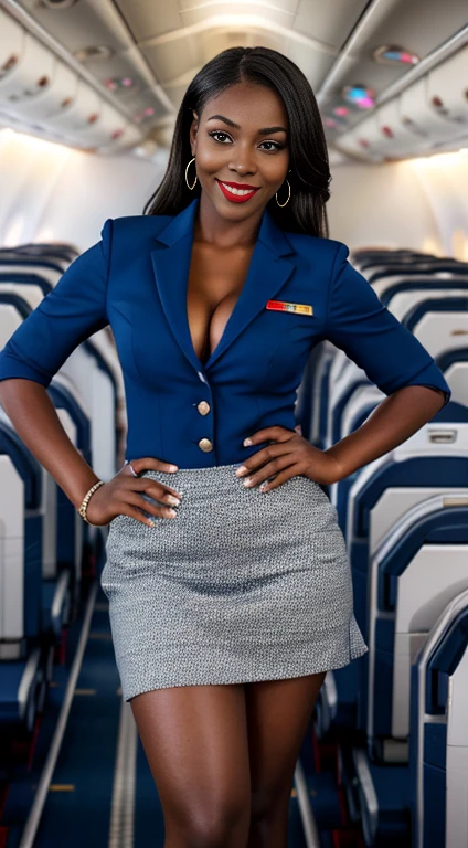 (8K High Resolution), (Highest quality), (RAW Image Quality),(Tabletop:1.2), (Realistic), (Realistic:1.37), ,Large Eyes,Long eyelashes,(Live-action realistic style),The ultimate face,Realistic light and shadow,Distinct facial features,,Dark skin, ),(The ultimate face,Extraordinary beauty),Best Portrait, One girl,Beautiful attention to detail,Highly detailed skin,(Beautiful face with double eyelids), (realism: 1.4),((Full body image)) ,Delicate and beautiful face,,Female about 20 years old,(Beautiful Face 1.4),The length of the hair is very short.,((African in uniform)),(Red lipstick,Discomfort around the eyes,Earrings Beautiful),((Taken inside an airplane)),(Are standing,Without skirt),(Flight attendant uniform)),Red lipstick,Discomfort around the eyes,(Flight attendants in uniform),,(cowboy shot standing),Shoot from the front,,Close-range shooting,I can see her cleavage,(((Bring your audience the best smile))),Pose with one hand on your hip