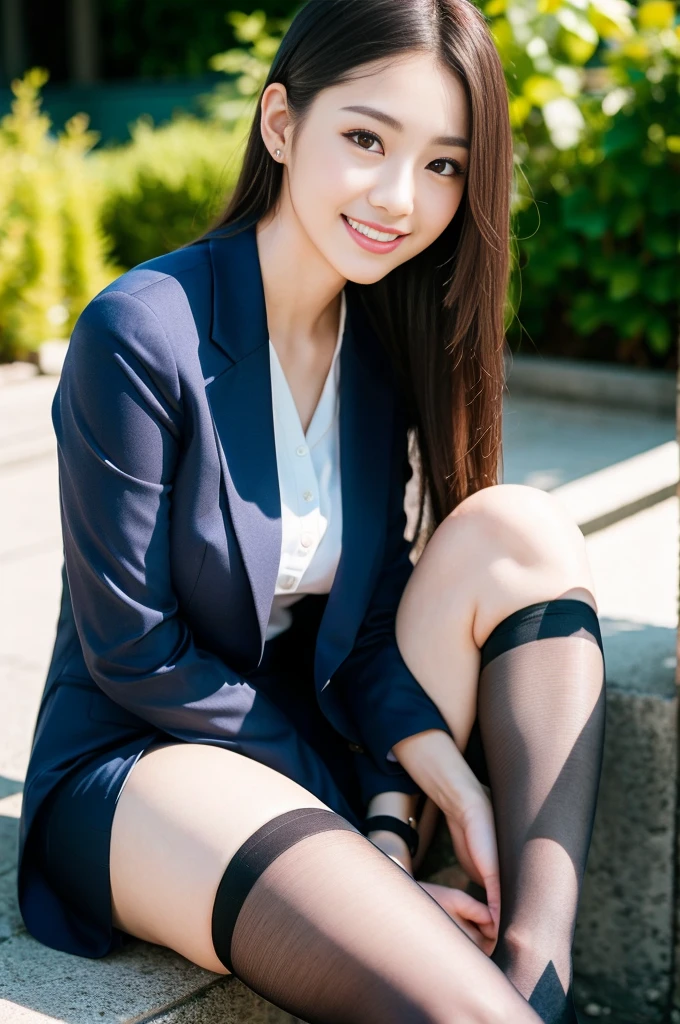 Pure Japanese business girl, natural body, white skin, wearing formal business suits, lift up skirt, (pantyhose), formal hair style, formal makeup, sexual smile, spread wide legs, lewd temptation, professional portrait photography, dazzling summer sunlight, 