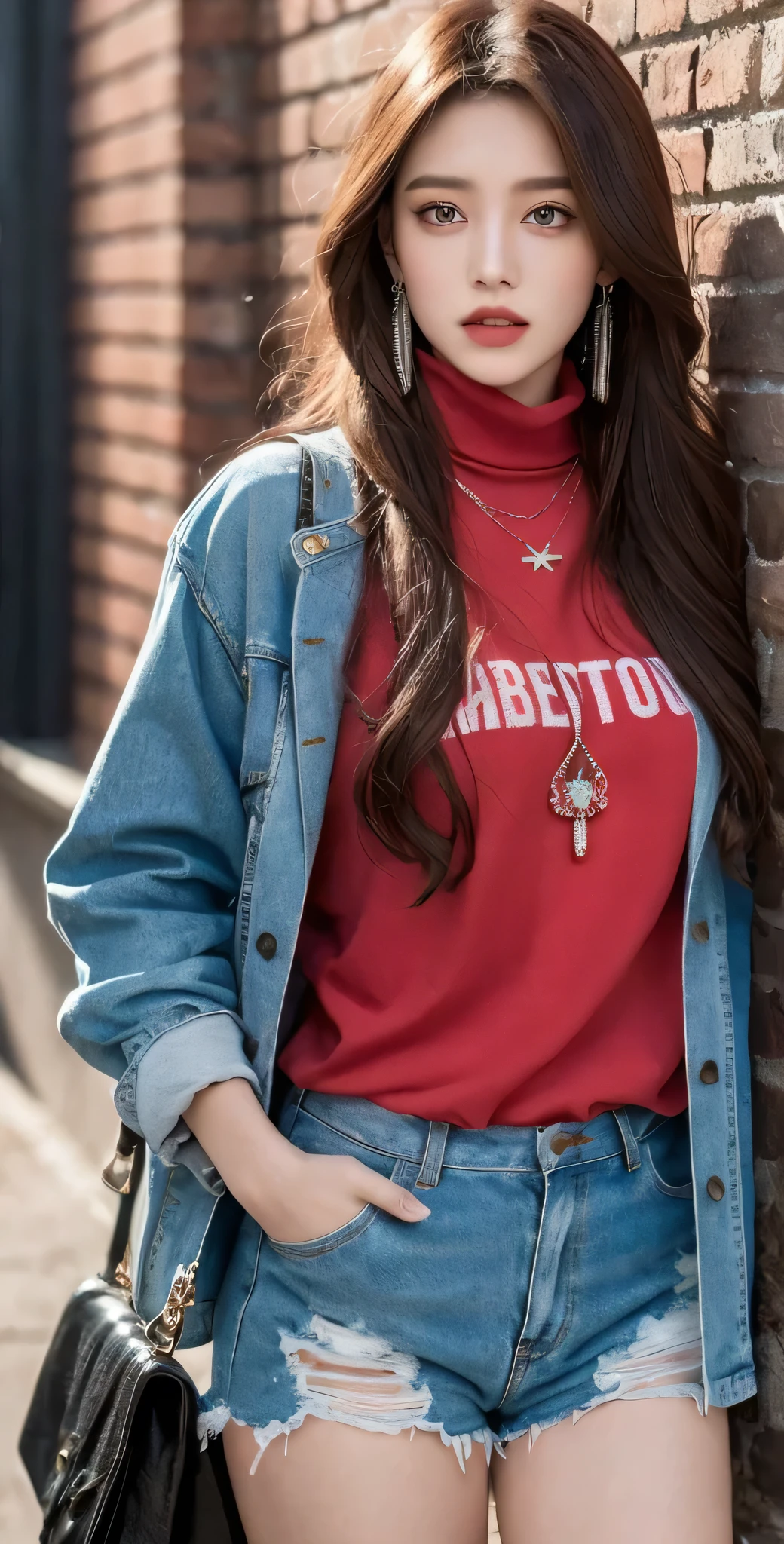(masterpiece, best quality, 1 girl, solo, intricate details, chromatic aberration), realistic, ((medium breath)),long hair, red hair, red decoration on the head, pink highlights, amber eyes, earrings, sharp eyes, necklace, neon shirt, ripped shorts, unbuttoned jacket, turtleneck, night, against the wall, brick wall, graffiti, dim lighting, alley, look at the viewer