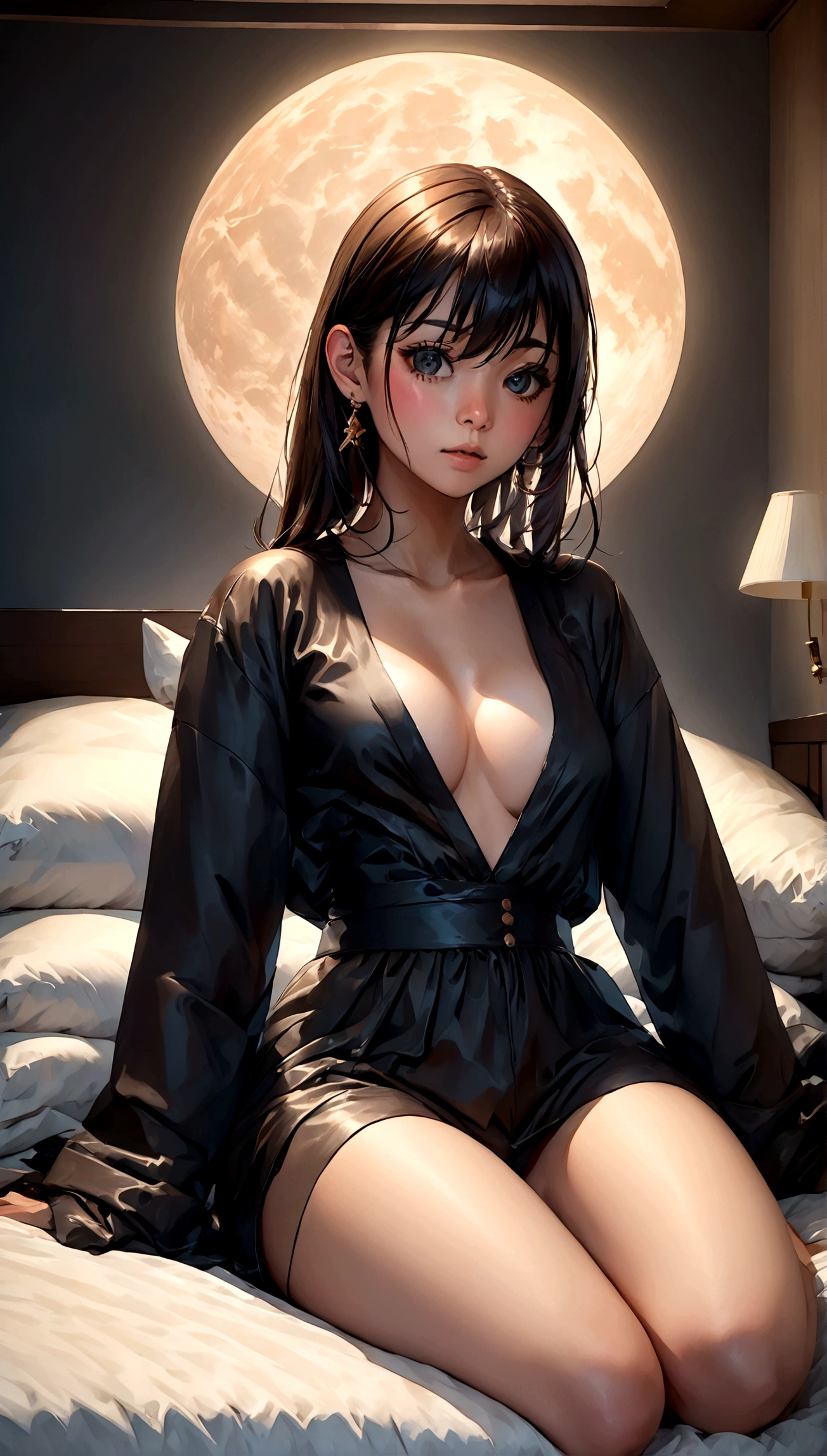 Ultra-high-resolution 8K portrait of a hyper-realistic J-POP styled bedroom scene with a beautiful woman lying in bed, engrossed in her smartphone, and realizing it’s late at night, extremely detailed, cinematic composition, trending on ArtStation